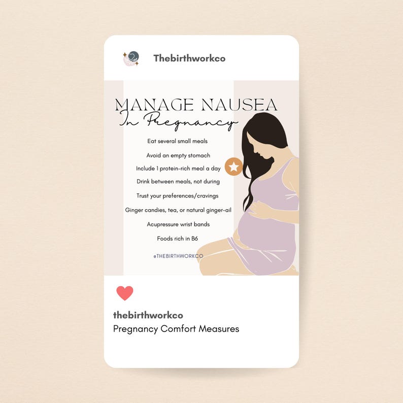 Puede incluir: Una infograf&iacute;a titulada MANAGE NAUSEA In Pregnancy de Thebirthworkco. Enumera consejos como comer comidas peque&ntilde;as, evitar el est&oacute;mago vac&iacute;o y usar jengibre. Una ilustraci&oacute;n muestra a una persona de cabello oscuro con un vestido color malva.