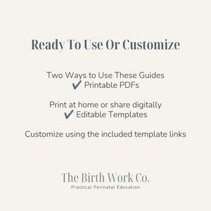 May include: A digital informational graphic with dark gray text on a light cream background. It reads: Ready To Use Or Customize, Two Ways to Use These Guides, Printable PDFs, Print at home or share digitally, Editable Templates, Customize using the included template links, The Birth Work Co. Practical Perinatal Education.