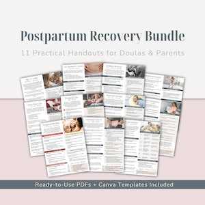 以下が含まれることがあります： 「Postpartum Recovery Bundle」の画像。助産師や両親向けの11のハンドアウトが特徴です。会陰ケアや傷跡マッサージなどのトピックが含まれています。「Ready-to-Use PDFs + Canva Templates Included」というテキストも表示されています。