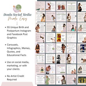 Puede incluir: Una colecci&oacute;n de 55 gr&aacute;ficos digitales para redes sociales destinados a doulas, que incluyen infograf&iacute;as educativas, memes y citas sobre el parto y el posparto. Los gr&aacute;ficos utilizan una paleta de colores suaves con ilustraciones.