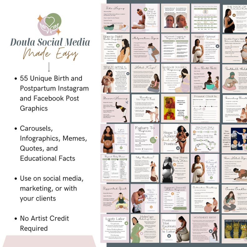 Puede incluir: Una colecci&oacute;n de 55 gr&aacute;ficos digitales para redes sociales destinados a doulas, que incluyen infograf&iacute;as educativas, memes y citas sobre el parto y el posparto. Los gr&aacute;ficos utilizan una paleta de colores suaves con ilustraciones.