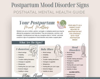 May include: A digital informational flyer titled Postpartum Mood Disorder Signs and Postnatal Mental Health Guide. The document features sections on exhaustion, baby blues, and mood disorders with bulleted lists and line art illustrations.