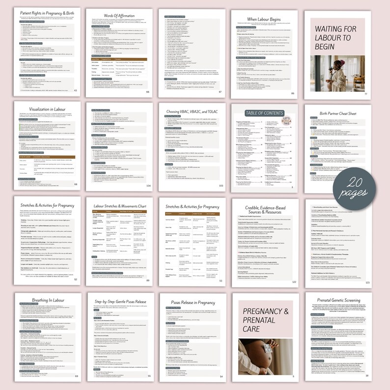 K&ouml;nnte beinhalten: Eine Sammlung von 20-seitigen Ratgebern zu Schwangerschaft und pr&auml;nataler Betreuung. Die Seiten zeigen Titel wie "Patientenrechte in Schwangerschaft und Geburt", "Visualisierung in der Wehen" und "Schwangerschaft & pr&auml;natale Betreuung". Die Ratgeber sind in sanften Farben gehalten.