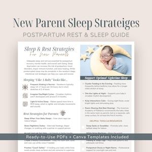 May include: A digital guide titled New Parent Sleep Strategies featuring text on postpartum rest, sleep cycles, and care tips. It includes an image of a baby wearing glasses resting on a yellow crescent moon pillow with star accents.