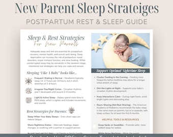May include: A digital guide titled New Parent Sleep Strategies featuring text on postpartum rest, sleep cycles, and care tips. It includes an image of a baby wearing glasses resting on a yellow crescent moon pillow with star accents.