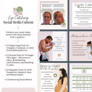 Puede incluir: Una colecci&oacute;n de gr&aacute;ficos para redes sociales con contenido educativo sobre el parto, el trabajo de parto y el cuidado posparto. Las im&aacute;genes incluyen texto, ilustraciones de un progenitor con un reci&eacute;n nacido e infograf&iacute;as sobre hormonas.
