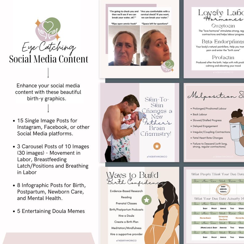 Puede incluir: Una colecci&oacute;n de gr&aacute;ficos para redes sociales con contenido educativo sobre el parto, el trabajo de parto y el cuidado posparto. Las im&aacute;genes incluyen texto, ilustraciones de un progenitor con un reci&eacute;n nacido e infograf&iacute;as sobre hormonas.