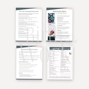 May include: Four informational document pages with dark gray and soft pink headers. The pages are titled How Our Communication Works, Important Dates & On Call Period, Prenatal Meetings Overview, and Birth Preferences, featuring text and checklists.