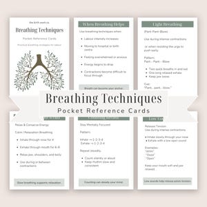 May include: Set of pocket reference cards titled "Breathing Techniques" with practical breathing strategies for labor. The cards feature illustrations and instructions for various breathing methods, including techniques for relaxation and focus. The cards are designed to help manage contractions.