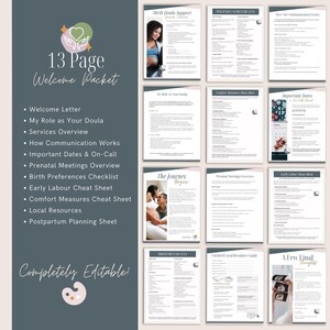 May include: A 13-page doula welcome packet template featuring a dark blue sidebar with a list of contents and a palette icon. The packet includes multiple white pages with black text, headings, and small photographs detailing birth support services.