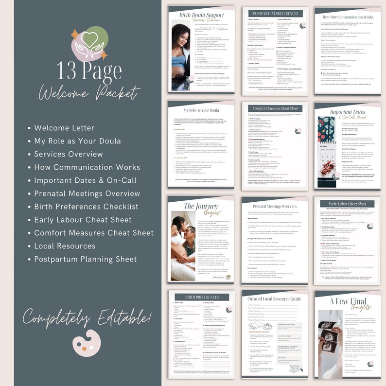 May include: A 13-page doula welcome packet template featuring a dark blue sidebar with a list of contents and a palette icon. The packet includes multiple white pages with black text, headings, and small photographs detailing birth support services.