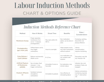 May include: A Labour Induction Methods Chart & Options Guide document featuring a table with columns for Method, How It Works, Onset Time, Benefits, and Risks. The text includes details on membrane sweep, prostaglandins, Foley balloon, and oxytocin.