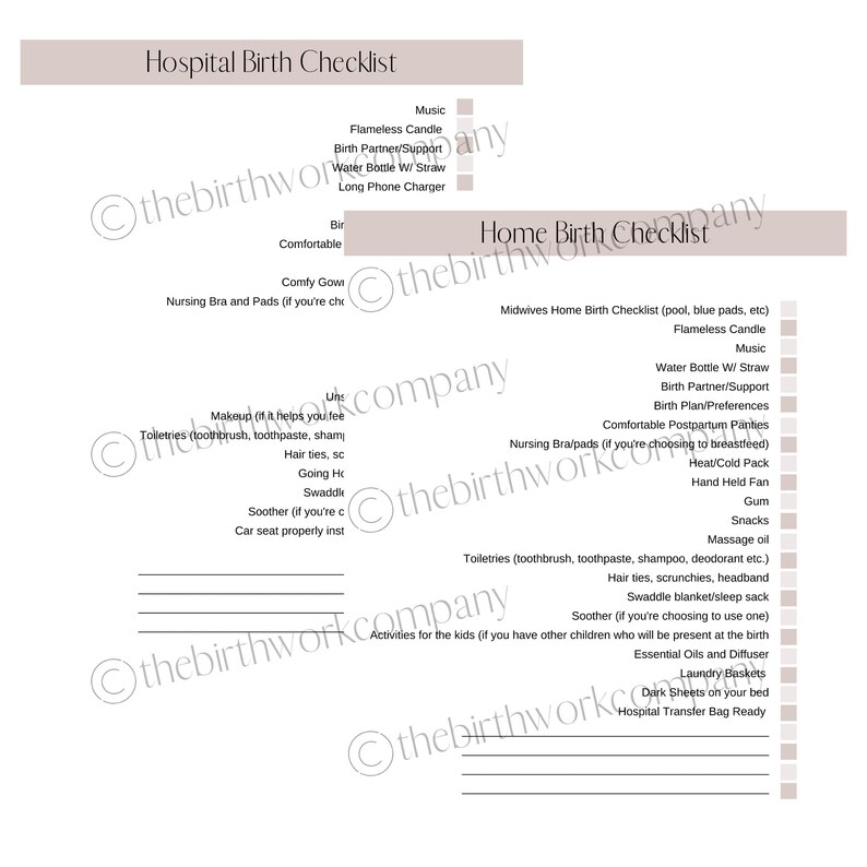 Home and Hospital Birth Checklists Etsy