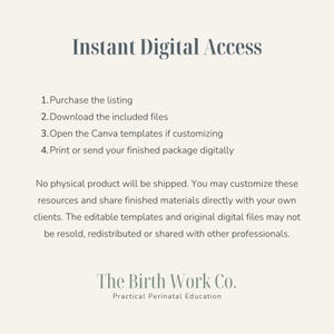 Puede incluir: Un gr&aacute;fico de informaci&oacute;n digital con el t&iacute;tulo Instant Digital Access. Enumera cuatro pasos: 1. Purchase the listing, 2. Download the included files, 3. Open the Canva templates if customizing, 4. Print or send your finished package digitally.