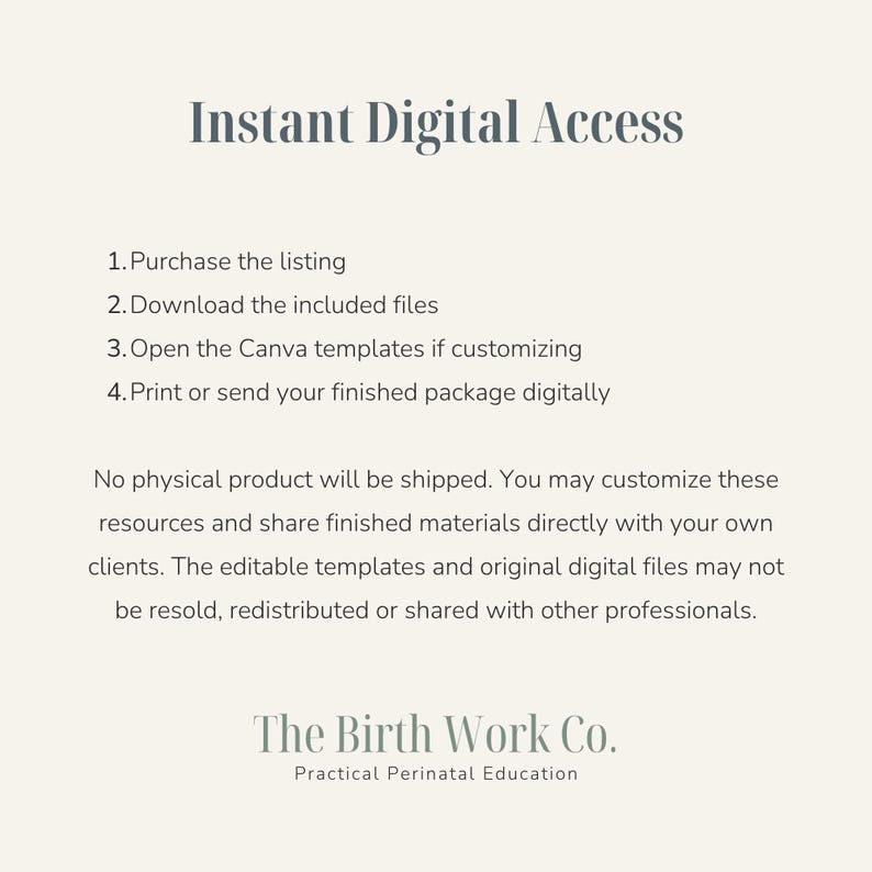 Puede incluir: Un gr&aacute;fico de informaci&oacute;n digital con el t&iacute;tulo Instant Digital Access. Enumera cuatro pasos: 1. Purchase the listing, 2. Download the included files, 3. Open the Canva templates if customizing, 4. Print or send your finished package digitally.