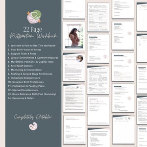 May include: A 22-page postpartum workbook featuring a dark grey cover with a heart-in-hands logo and a list of 14 sections. The document includes multiple pages with fillable forms, checklists, and a photo of a person holding a newborn.