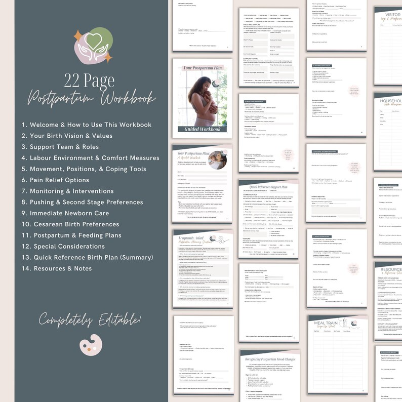 May include: A 22-page postpartum workbook featuring a dark grey cover with a heart-in-hands logo and a list of 14 sections. The document includes multiple pages with fillable forms, checklists, and a photo of a person holding a newborn.