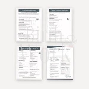 May include: Four white informational sheets with dark gray headers titled Early Labor Cheat Sheet, Comfort Measures Cheat Sheet, Postpartum Preferences, and Curated Local Resource Guide. The documents contain black text, bullet points, and checklists.