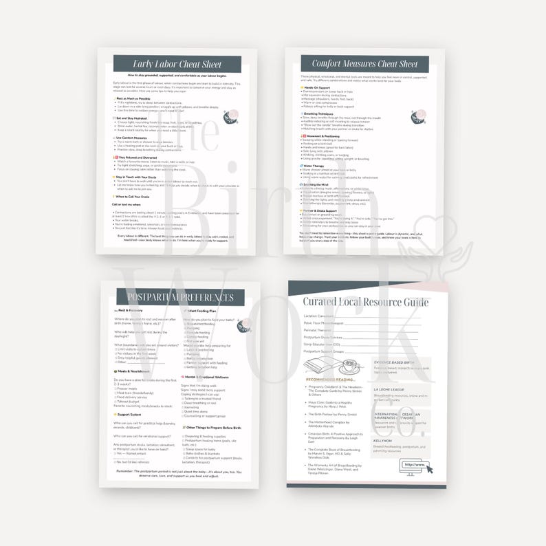 May include: Four white informational sheets with dark gray headers titled Early Labor Cheat Sheet, Comfort Measures Cheat Sheet, Postpartum Preferences, and Curated Local Resource Guide. The documents contain black text, bullet points, and checklists.