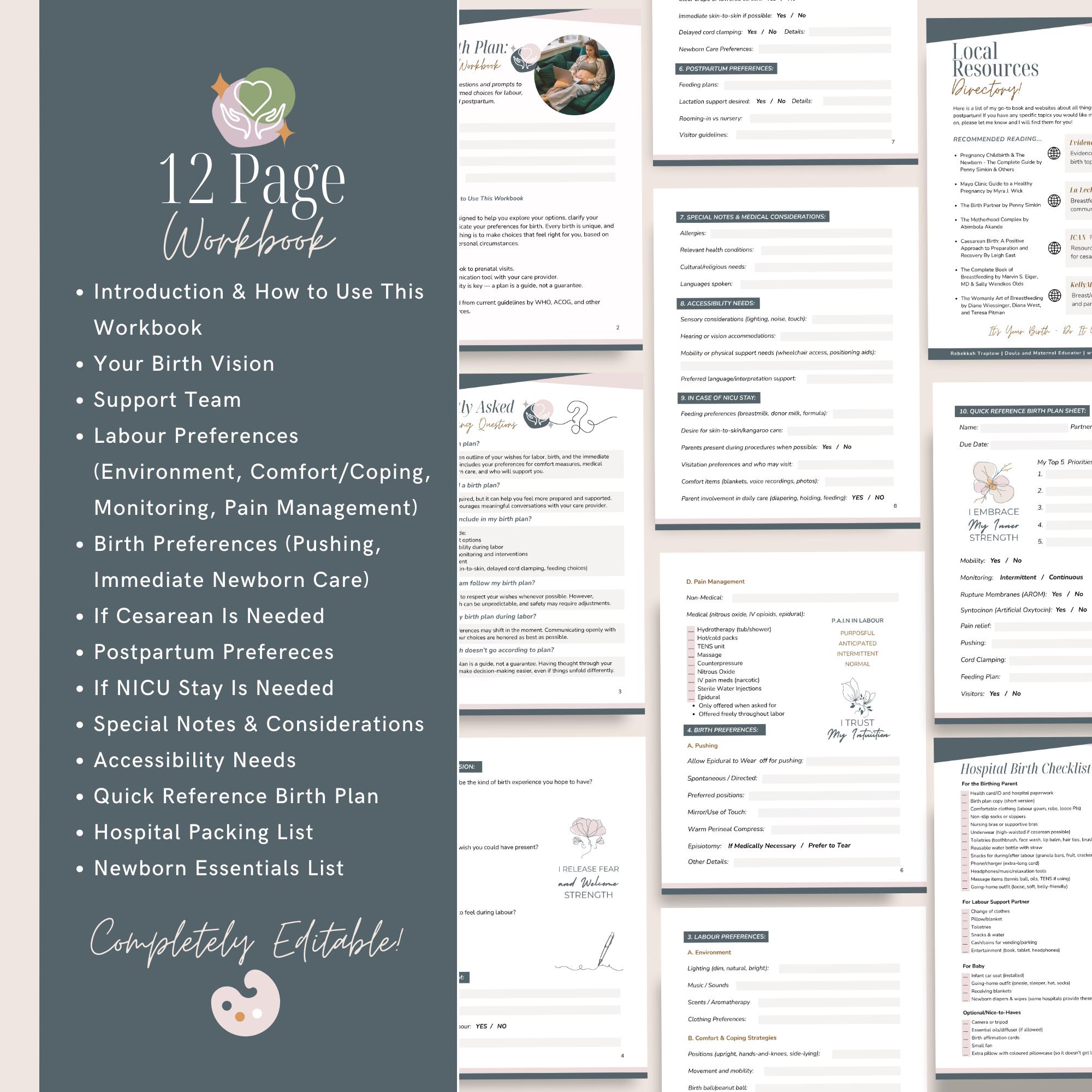 Editable Birth Plan Workbook: Canva Template + PDF - Evidence-based ...