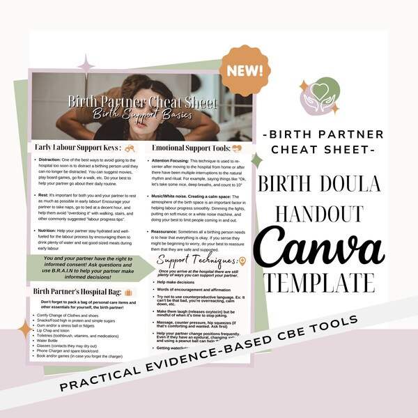 Labor/Labour and Birth Partner Cheat Sheet | Birth Doula Handout | Childbirth Education | Doula Templates