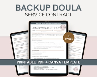 Contrato y acuerdo de servicio de doula de respaldo / Plantilla editable de Canva para cobertura profesional y protección del cliente