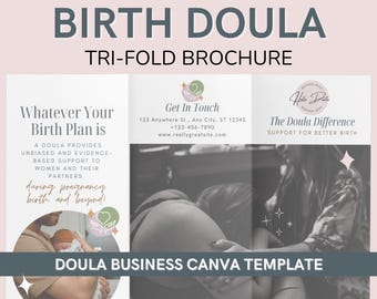 Plantilla de folleto tríptico de doula de parto / Folleto de marketing editable en Canva para servicios prenatales