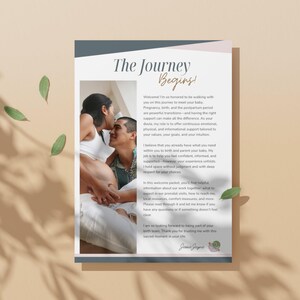 May include: A doula welcome packet flyer titled The Journey Begins, featuring a photograph of a pregnant person and a partner embracing. The text outlines support services for pregnancy, birth, and the postpartum period, signed by Jessie Jayne.