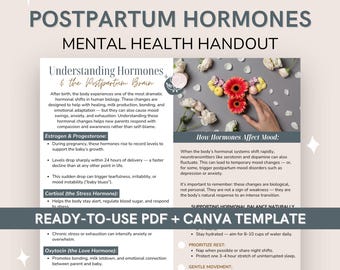 May include: A digital handout on postpartum hormones and mental health. The document includes information on understanding hormones, how they affect mood, and supporting hormonal balance naturally. The handout is a ready-to-use PDF and Canva template.