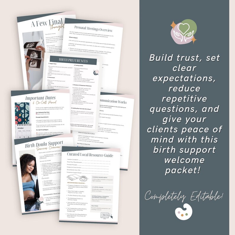 May include: A digital birth doula welcome packet template featuring multiple pages with headings like Birth Preferences, Important Dates, and Curated Local Resource Guide. The documents include text, checklists, and photos, presented in a professional layout with a dark gray sidebar containing the text: Build trust, set clear expectations, reduce repetitive questions, and give your clients peace of mind with this birth support welcome packet! Completely Editable!