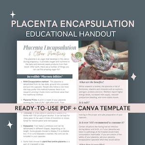 Folleto educativo sobre el uso de la placenta: plantilla editable de Canva + guía en PDF para doulas, clases prenatales y paquetes de recursos para padres