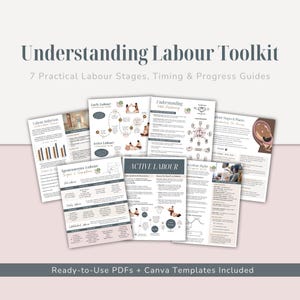 以下が含まれることがあります： Understanding Labour Toolkitと題された教育資料のコレクションで、7 Practical Labour Stages, Timing & Progress Guidesが含まれています。各ページには、分娩誘発、胎児の位置、分娩段階に関する図、グラフ、テキストが記載されています。