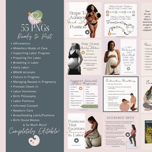 Puede incluir: Una colecci&oacute;n digital de 55 plantillas PNG editables para redes sociales sobre educaci&oacute;n en el parto. Los gr&aacute;ficos incluyen texto, ilustraciones y fotograf&iacute;as relacionadas con el embarazo, el parto y el cuidado del reci&eacute;n nacido.