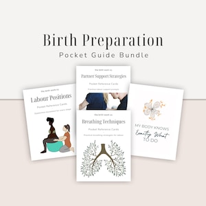 May include: A bundle of pocket guide cards for birth preparation. The cards include titles such as "Labour Positions", "Partner Support Strategies", and "Breathing Techniques". The cards have illustrations and text on a white background.