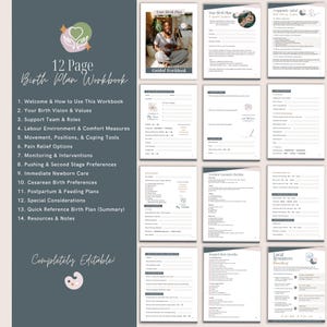 May include: A 12-page birth plan workbook with a guided workbook cover. The workbook includes sections on birth vision, support team, pain relief, and postpartum care. The text "Completely Editable" is also visible.