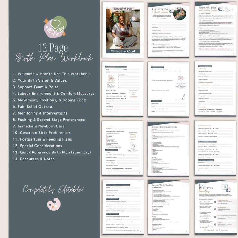 May include: A 12-page birth plan workbook with a guided workbook cover. The workbook includes sections on birth vision, support team, pain relief, and postpartum care. The text "Completely Editable" is also visible.