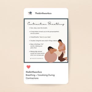 Puede incluir: Una infograf&iacute;a educativa titulada Contraction Breathing de Thebirthworkco. Incluye una lista de t&eacute;cnicas de respiraci&oacute;n y una ilustraci&oacute;n de una persona apoyada en una pelota de ejercicio rosa mientras otra persona le brinda apoyo.