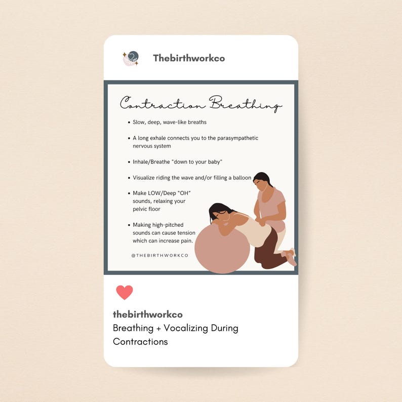 Puede incluir: Una infograf&iacute;a educativa titulada Contraction Breathing de Thebirthworkco. Incluye una lista de t&eacute;cnicas de respiraci&oacute;n y una ilustraci&oacute;n de una persona apoyada en una pelota de ejercicio rosa mientras otra persona le brinda apoyo.