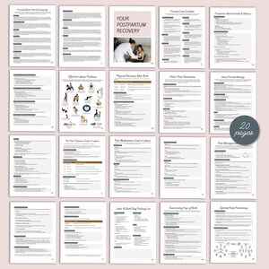 K&ouml;nnte beinhalten: Eine Sammlung von 20-seitigen Informationsdokumenten zur postpartalen Erholung. Die Seiten enthalten Text und Illustrationen zu Themen wie Geb&auml;rpositionen, Schmerzmanagement und fetale Positionierung. Der Umschlag enth&auml;lt den Text "YOUR POSTPARTUM RECOVERY".