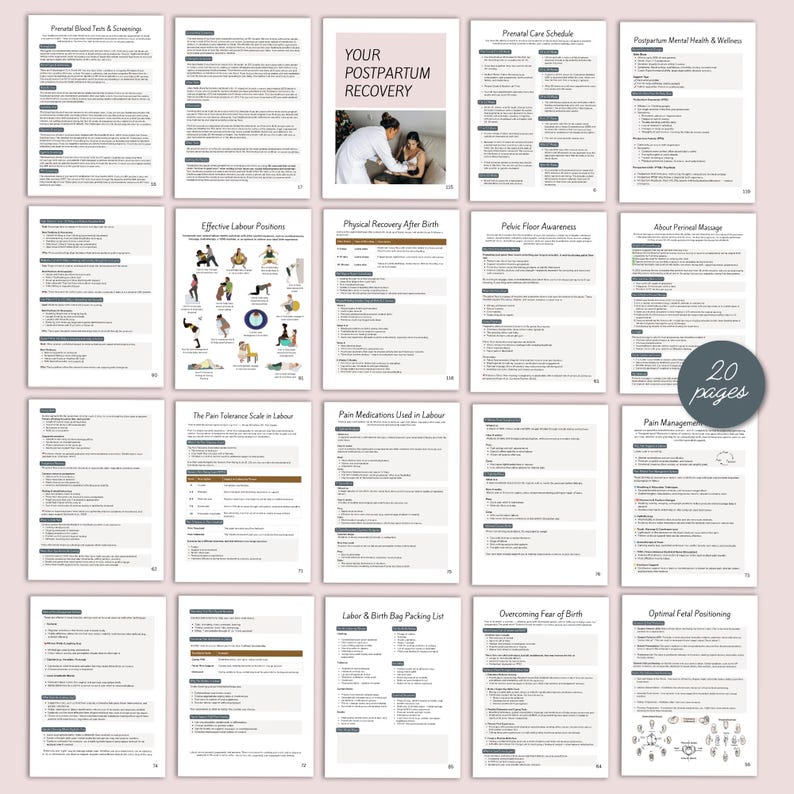 K&ouml;nnte beinhalten: Eine Sammlung von 20-seitigen Informationsdokumenten zur postpartalen Erholung. Die Seiten enthalten Text und Illustrationen zu Themen wie Geb&auml;rpositionen, Schmerzmanagement und fetale Positionierung. Der Umschlag enth&auml;lt den Text "YOUR POSTPARTUM RECOVERY".