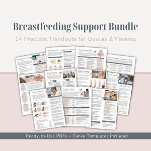 Puede incluir: Un "Breastfeeding Support Bundle" con 14 folletos prácticos para doulas y padres. Los documentos cubren temas como la extracción de leche, consejos de lactancia y alimentación infantil. La imagen incluye el texto "Ready-to-Use PDFs + Canva Templates Included."