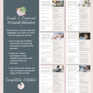 May include: A teal and white document titled "Simple & Organised Prenatal Education" with bullet points and the text "Completely Editable!". The document is designed to enhance birth practices and facilitate discussions.