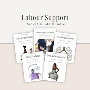 May include: A bundle of pocket guide cards for labor support. The cards include topics such as Labour Positions, Partner Support Strategies, Breathing Techniques, TENS Machine, and Birth Ball & Peanut Ball. The text "Labour Support Pocket Guide Bundle" is at the top.