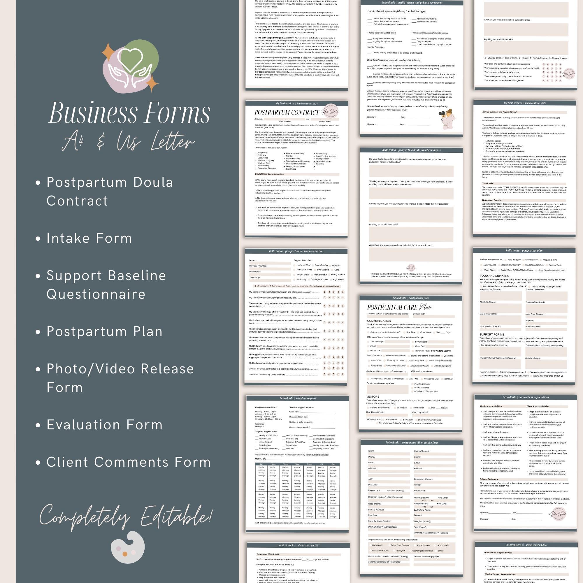 Postpartum Doula Contract & Intake Forms Bundle | Editable Canva ...