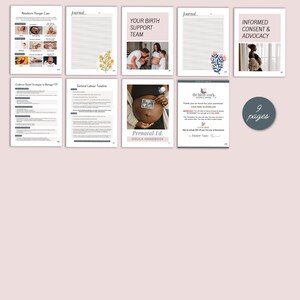 K&ouml;nnte beinhalten: Ein neunseitiges Doula-Handbuch mit Texten und Bildern zu Schwangerschaft und Neugeborenenpflege. Die Seiten behandeln Themen wie Anzeichen f&uuml;r Hunger beim Neugeborenen und Geburtsbegleitung. Das Handbuch hat ein sanftes rosa-wei&szlig;es Farbschema.