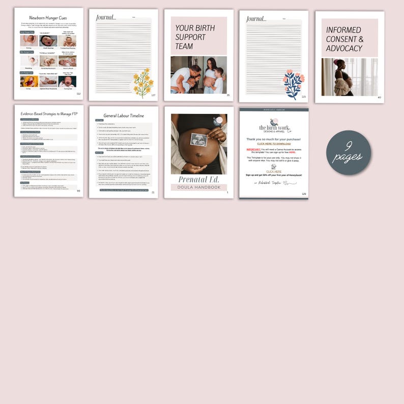 K&ouml;nnte beinhalten: Ein neunseitiges Doula-Handbuch mit Texten und Bildern zu Schwangerschaft und Neugeborenenpflege. Die Seiten behandeln Themen wie Anzeichen f&uuml;r Hunger beim Neugeborenen und Geburtsbegleitung. Das Handbuch hat ein sanftes rosa-wei&szlig;es Farbschema.