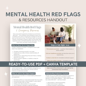 Puede incluir: Un folleto titulado "Señales de alerta de salud mental y recursos" con secciones sobre recursos de emergencia, ayuda urgente y apoyo no urgente. Incluye un recuadro "Plantilla PDF + Canva lista para usar". El folleto proporciona información sobre la salud mental posparto.