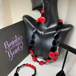 Red and Black Jewelry Gift Set Handmade Necklace Earring Bracelet
