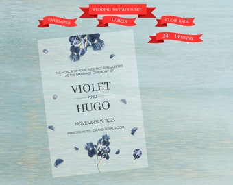 Acrylic Wedding Invites with Dark Blue Patterns, Custom UV-Printed Cards and Luxury Envelopes