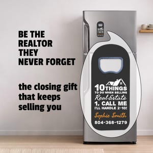 Black personalized bottle opener magnet for realtors with custom name, phone number and "10 things to do when selling real estate" text, real estate closing gift